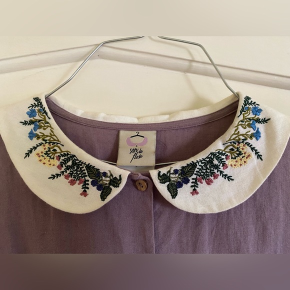 Son de Flor long sleeve linen dress with embroidered collar. - Picture 3 of 4